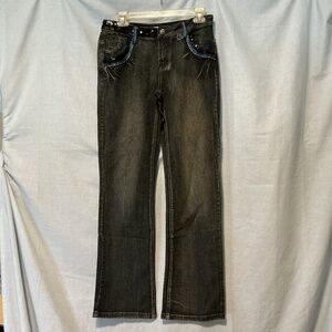 Women’s Black Embellished Distressed Flare Y2K Jeans Sequins Lace Sz 6